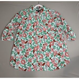 Lands' End Womens 18 Aqua Floral Button Up 3/4 Sleeve Supima No Iron Top Shirt